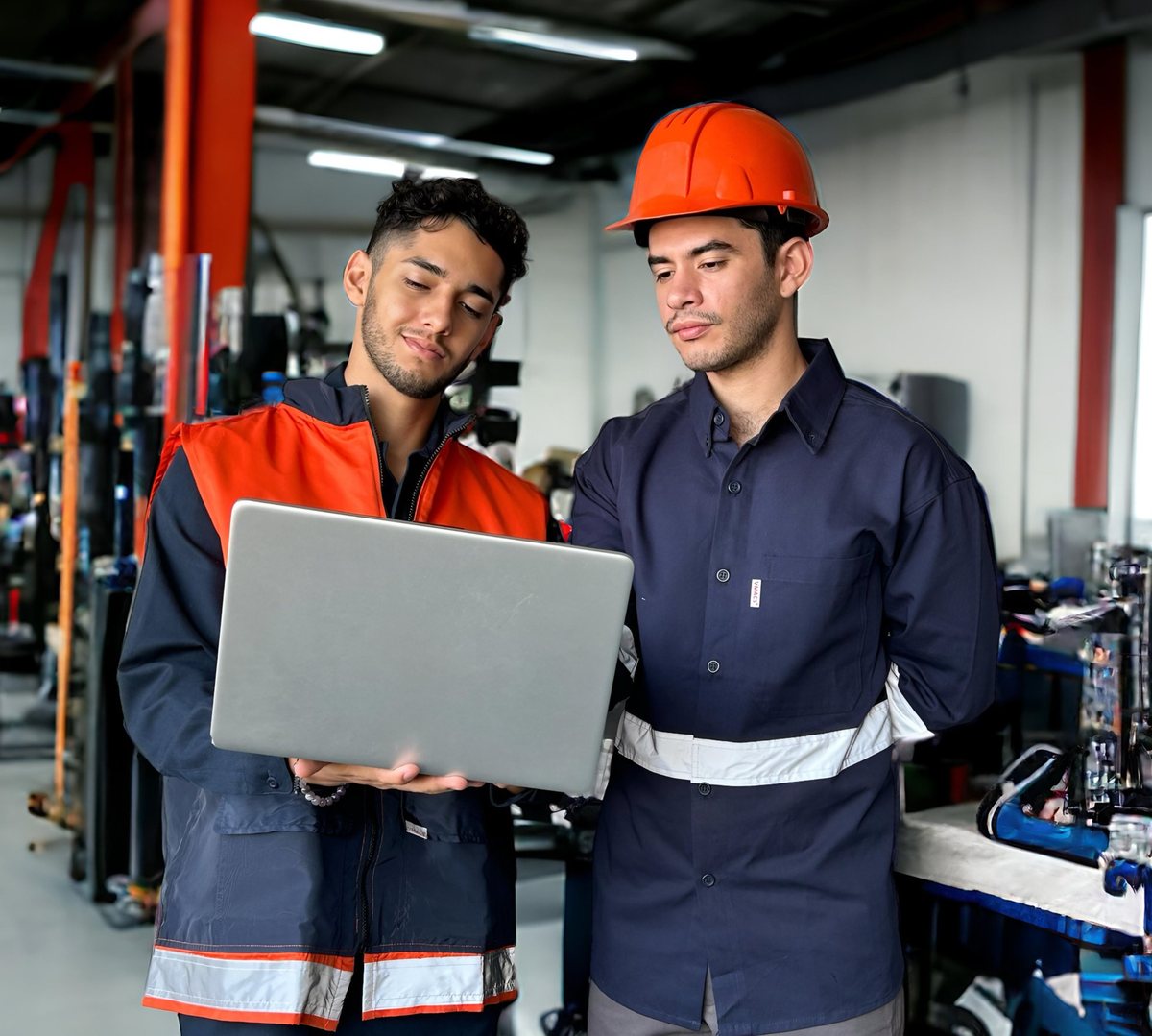 Dos trabajadores con camisola y chaleco industrial VMACS en un taller